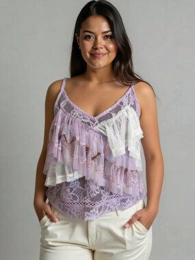 Anthropologie Lavender and White Lace Ruffled Camisole